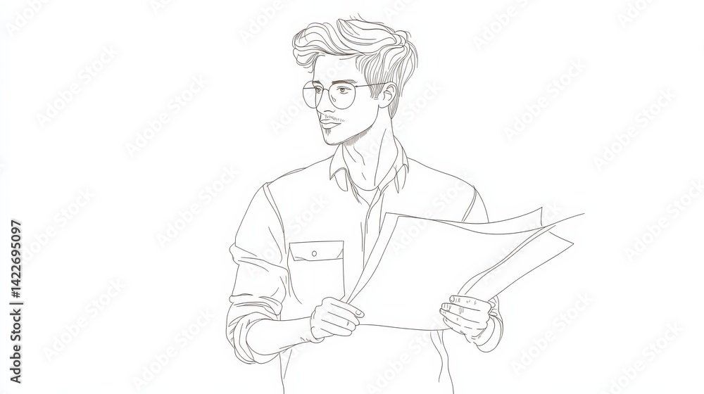 Single one line drawing young male architect cross arm on chest hold blueprint paper.