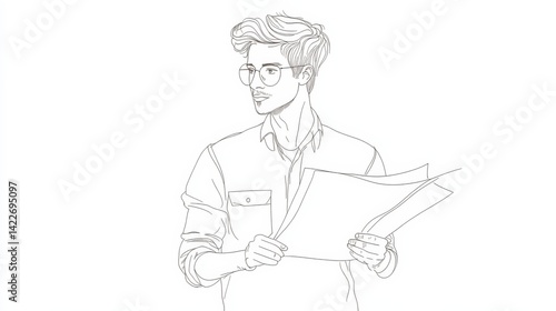 Obraz na płótnie Single one line drawing young male architect cross arm on chest hold blueprint paper. w salonie