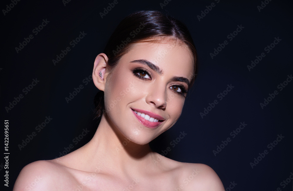 Fototapeta premium Beautiful sensual woman with clean skin, fashion make-up isolated portrait. Portrait of beautiful girl with perfect skin. Beauty natural woman. Pretty woman face. Beauty sensual young model. Beauty