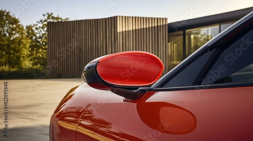 Red car mirror, modern house, sunny day