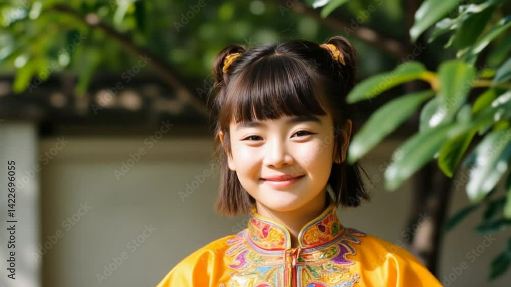 Young Girl in Traditional Dress Outdoors - Cute Child in Colorful Hanfu in Garden Setting Young Girl in Traditional Dress Outdoors - Cute Child in Colorful Hanfu in Garden Setting