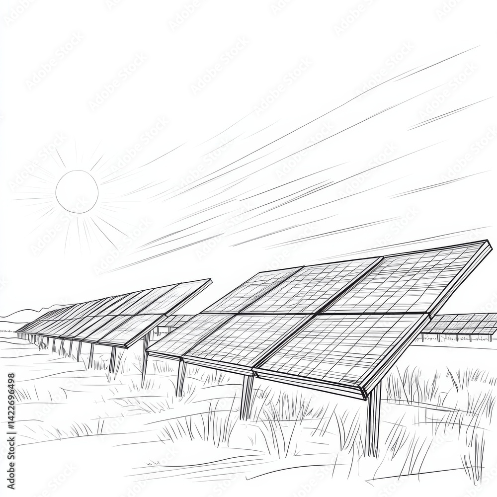 Solar energy in continuous line art drawing style. Solar panels facing the Sun to collect heat