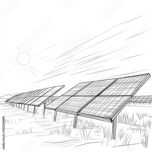 Solar energy in continuous line art drawing style. Solar panels facing the Sun to collect heat 