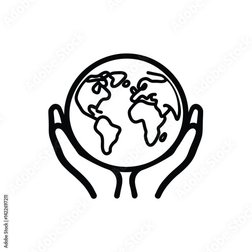 Line Art Two Hands Holding World Globe with Transparent Background