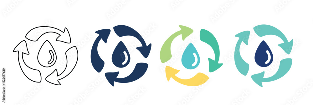 Water recycle icon clipart set. Environmental save water cycle signages clip art collection for pictogram, infographic and symbol of nature conservation vector illustration.