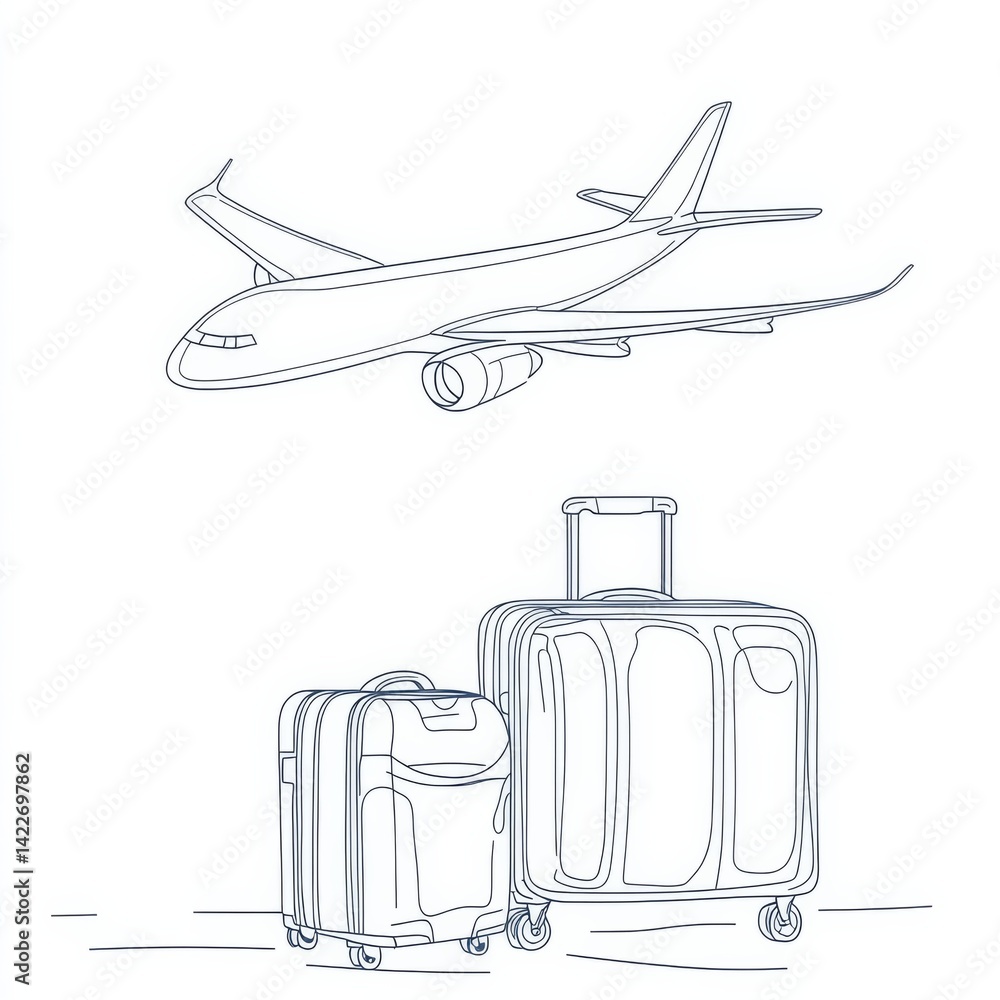 Suitcase and airplane in one continuous line drawing, representing the concept of vacation and travel with luggage and baggage