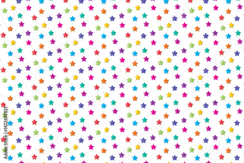 Playful Multicolored Star Pattern On A Clean White Background. Perfect For Children’s Themes, Festive Designs, Party Decor, And Cheerful Digital Or Print Projects. Features A Rainbow Of Vibrant.