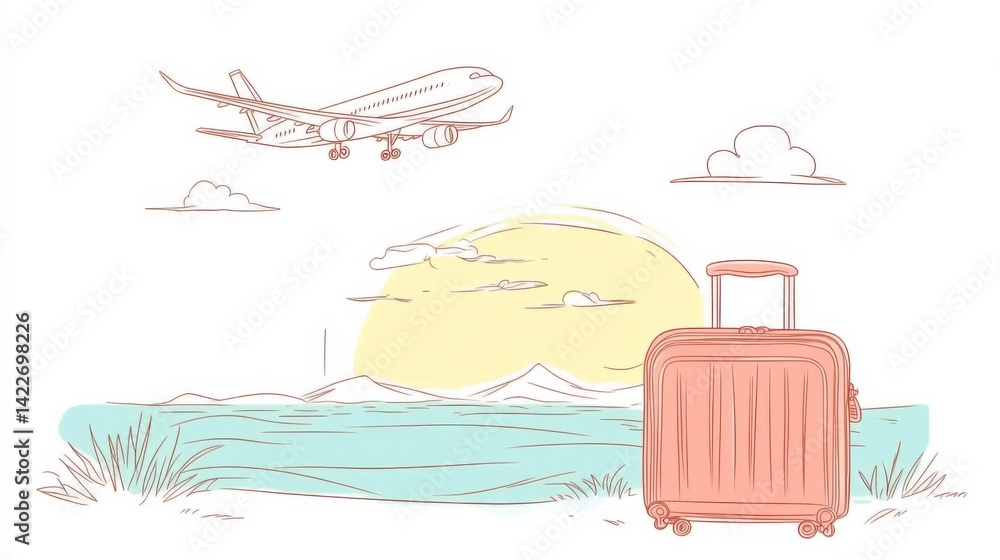 Suitcase and airplane in one continuous line drawing, representing the concept of vacation and travel with luggage and baggage