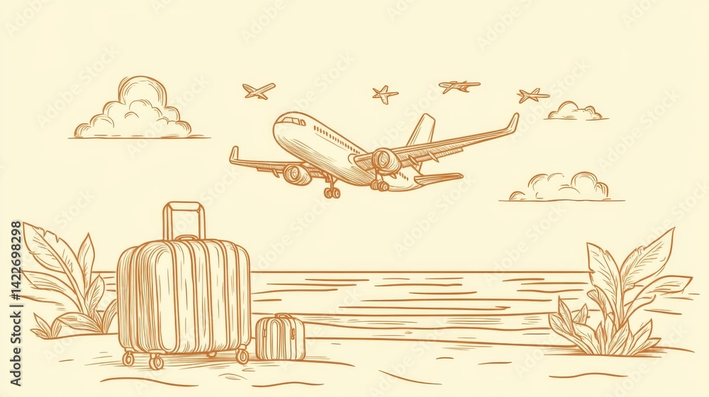 Suitcase and airplane in one continuous line drawing, representing the concept of vacation and travel with luggage and baggage