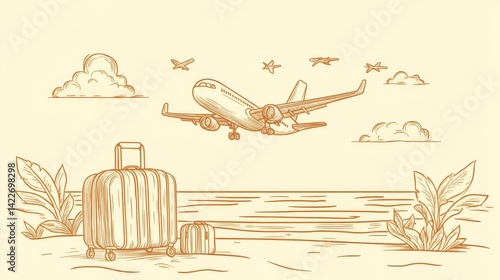 Obraz na płótnie Suitcase and airplane in one continuous line drawing, representing the concept of vacation and travel with luggage and baggage w salonie