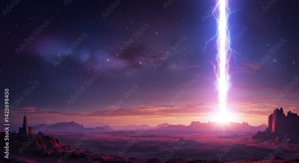 Vivid landscape illuminated by a bright lightning bolt striking down with a colorful evening sky filled with stars, mountains in the background, creating a sense of awe and wonder Vivid landscape illuminated by a bright lightning bolt striking down with a colorful evening sky filled with stars, mountains in the background, creating a sense of awe and wonder