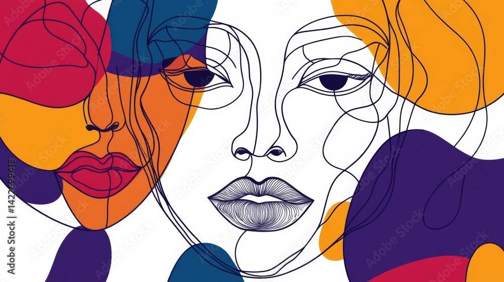 Surreal abstract faces background featuring a one-line portrait with modern continuous line art and abstract geometric elements