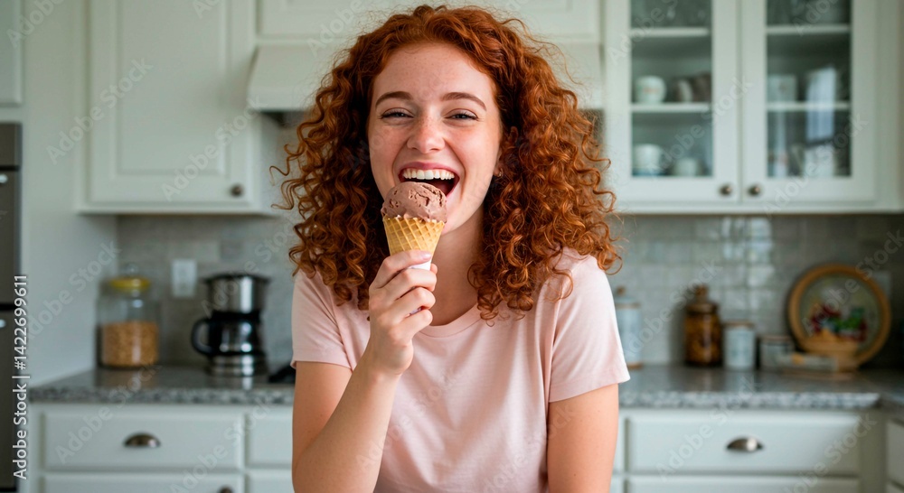 A woman with curly red hair eating a chocolate ice cream cone in a bright white kitchen setting A woman with curly red hair eating a chocolate ice cream cone in a bright white kitchen setting