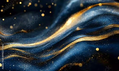 Elegant golden shimmer and deep blue hues create a mesmerizing abstract flow