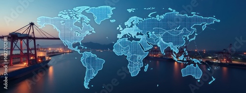 Global Trade Network at a Busy Container Port. Ideal for illustrating concepts of global trade and logistics, depicting the interconnectedness of the world economy through shipping