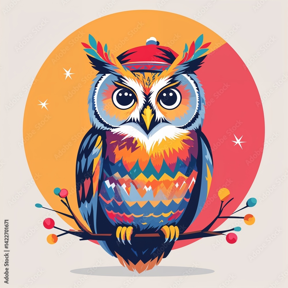 Fototapeta premium holiday owl on plain colorful background illustration icon logo concept 