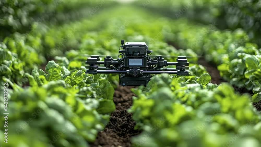 Autonomous agricultural robot in a leafy green field Autonomous agricultural robot in a leafy green field