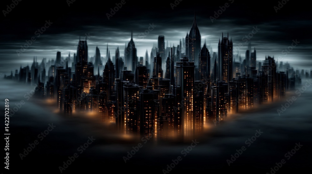 Obraz premium Metropolis in the Mist: Dark Cityscape with Glimmering Lights and Enigmatic Ambiance