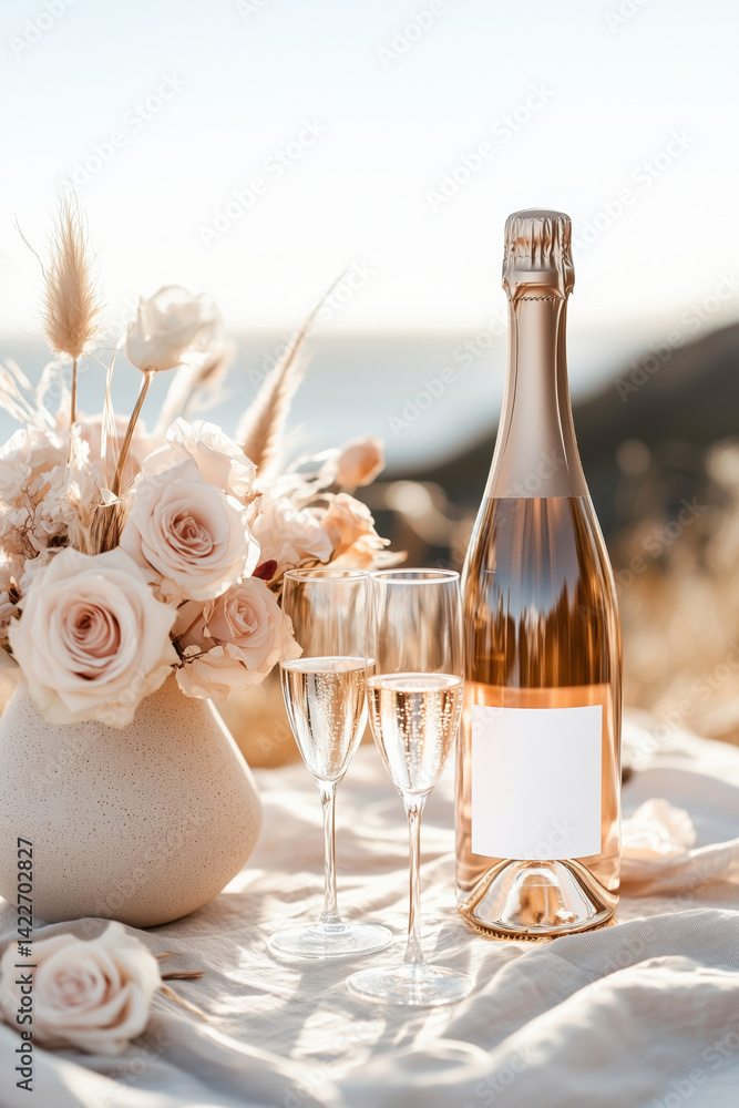 A bottle of rose sparkling wine with a blank mock up label and glasses on an outdoor table decorated with bouquet of roses and pampas grass.