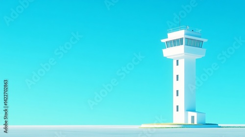 Simple white control tower against a light blue sky