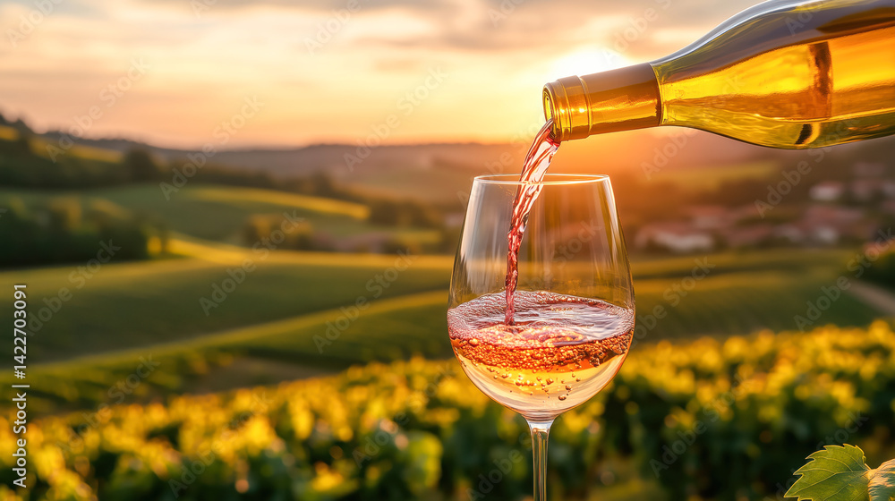 The wine is poured into an elegant glass against a sunset vineyard landscape.