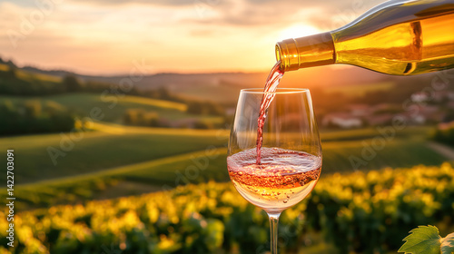 Obraz na płótnie The wine is poured into an elegant glass against a sunset vineyard landscape. w salonie