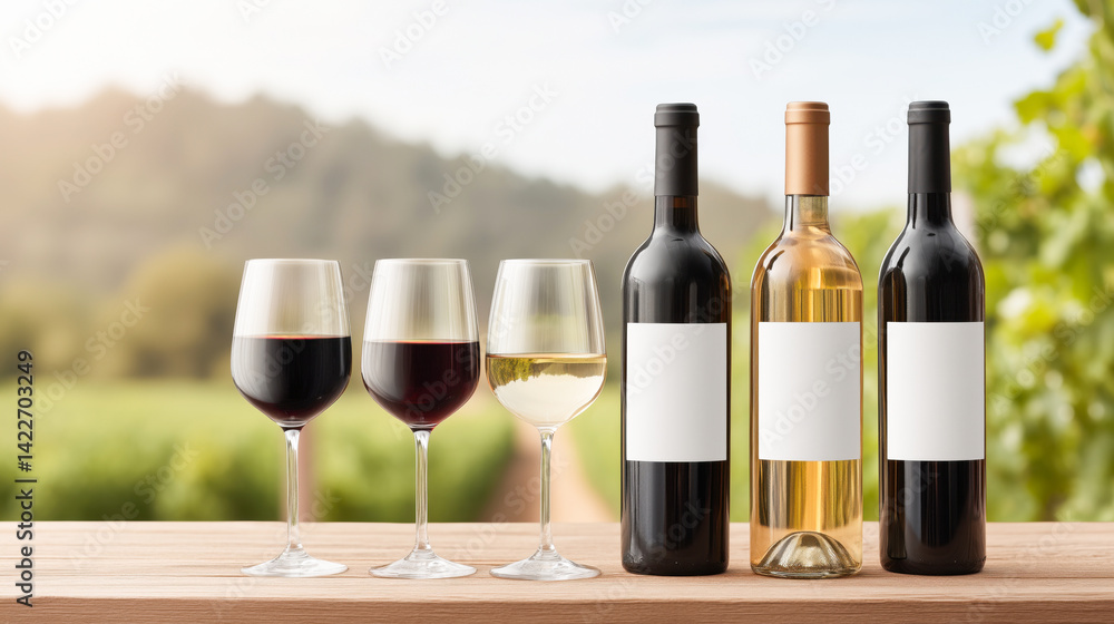 Bottles of a variety of wine with blank white labels and glasses on a wooden table with a vineyards in the background.