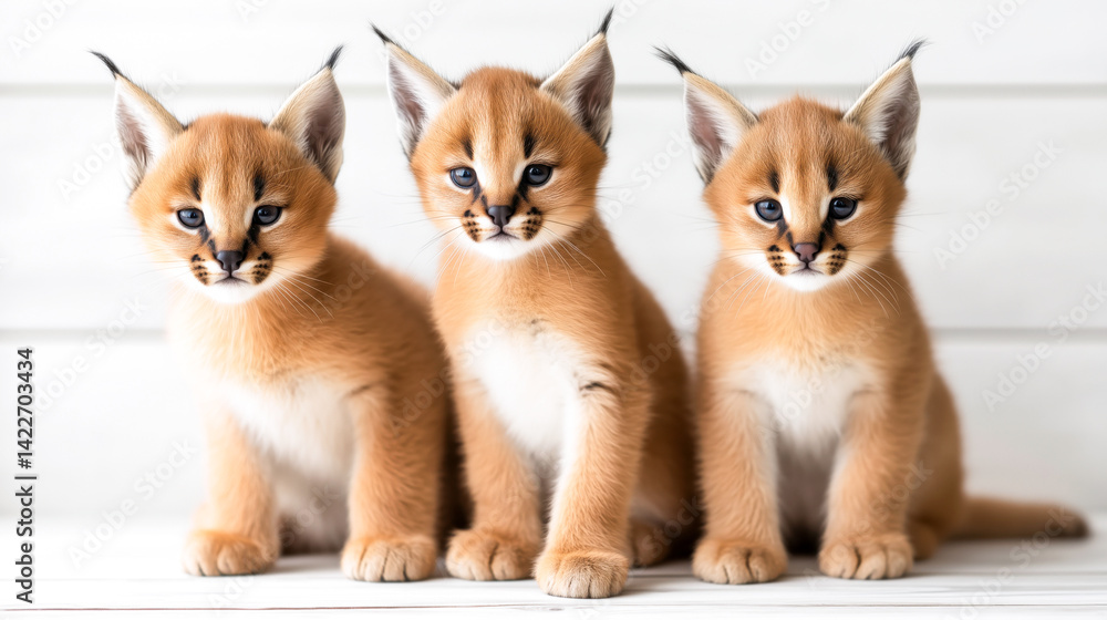 Adorable Caracal kittens with fluffy orange fur and tufts on their ears