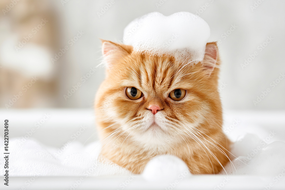 Adorable grumpy ginger cat sitting in a tub filled with bubble bath with foam on his head