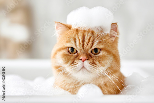 Obraz na płótnie Adorable grumpy ginger cat sitting in a tub filled with bubble bath with foam on his head w salonie