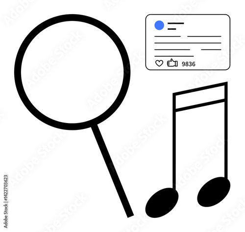 Magnifying glass signifies search, musical notes represent content, and a social media card highlights interaction. Ideal for music streaming, content curation, discovery platforms, community