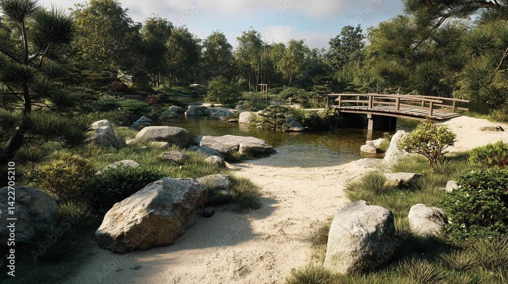 A serene garden featuring a pond, a wooden bridge, lush trees, and smooth rocks, creating a tranquil and picturesque natural landscape. A serene garden featuring a pond, a wooden bridge, lush trees, and smooth rocks, creating a tranquil and picturesque natural landscape.