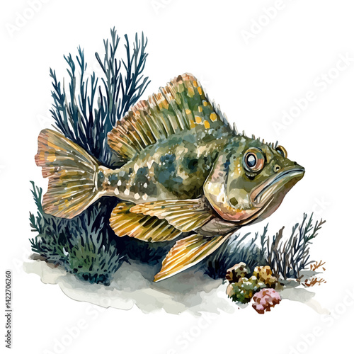 Flounder Camouflaging With The Ocean Floor, watercolor vector, isolated on a white background.