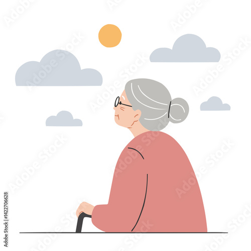 Elderly woman looking at clouds - silver-haired woman in knit blanket watching drifting clouds, atmosphere of nostalgia and serenity.