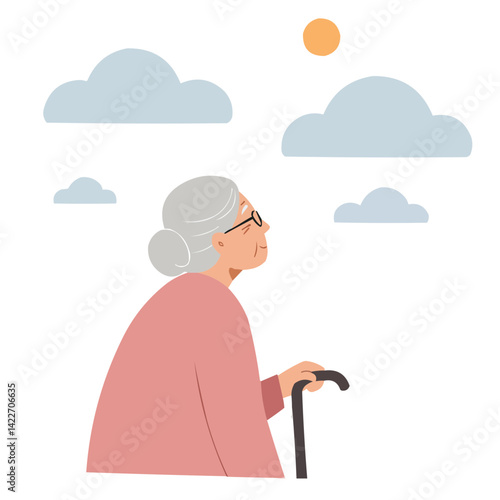 Elderly woman looking at clouds - silver-haired woman in knit blanket watching drifting clouds, atmosphere of nostalgia and serenity.