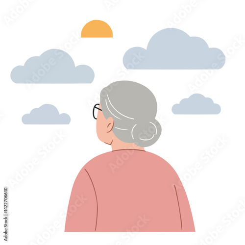Elderly woman looking at clouds - silver-haired woman in knit blanket watching drifting clouds, atmosphere of nostalgia and serenity.