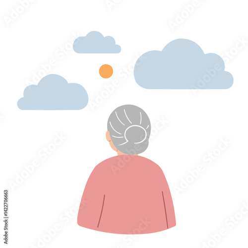 Elderly woman looking at clouds - silver-haired woman in knit blanket watching drifting clouds, atmosphere of nostalgia and serenity.