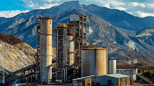 Industrial cement plant surrounded by mountains, showcasing machinery and production in action