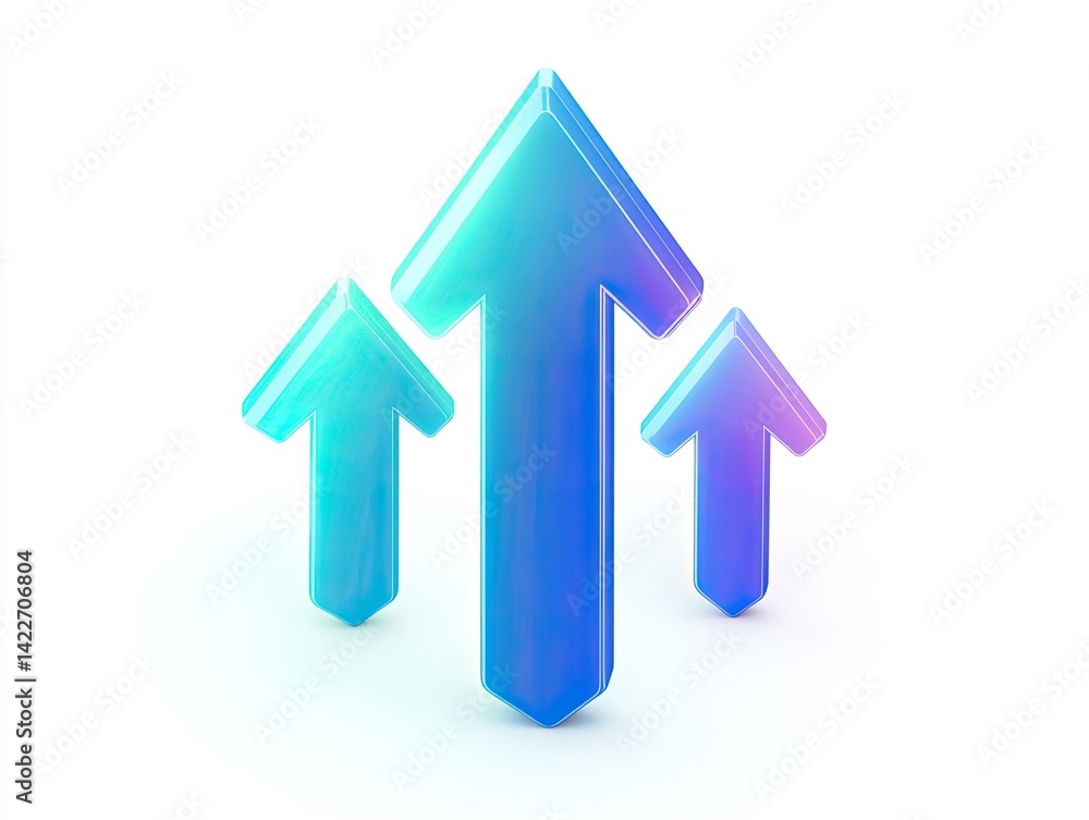 Three iridescent blue arrows pointing upwards, symbolizing growth and success. Three iridescent blue arrows pointing upwards, symbolizing growth and success.