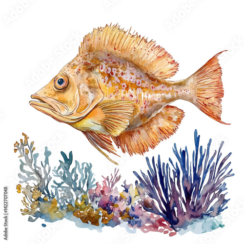 Flounder Blending In With The Seabed, watercolor vector, isolated on a white background.