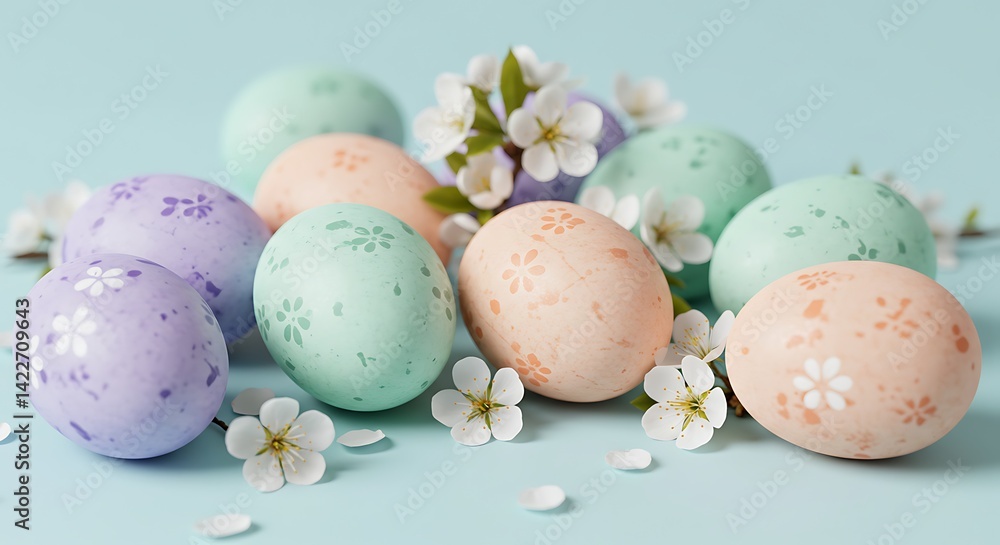 Fototapeta premium Decorated Eggs with Spring Flowers on Pastel Background
