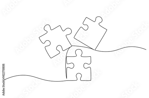 Continuous one line drawing Pieces of jigsaw. Single line drawing illustration of Connected puzzles. Puzzle concept vector art. Doodle line illustration.