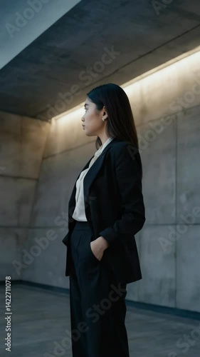 Elegant Asian woman in a business suit stands in a modern concrete building looking off to the side with hands in her pockets.