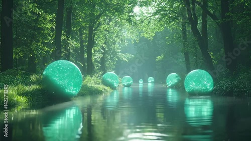 Tranquil emerald forest waterway with glowing orbs