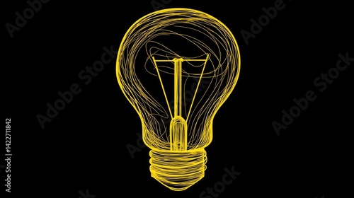 Turned on Lightbulb. Yellow continuous one line drawing of electric light bulb. Concept of idea emergence. Vector illustration