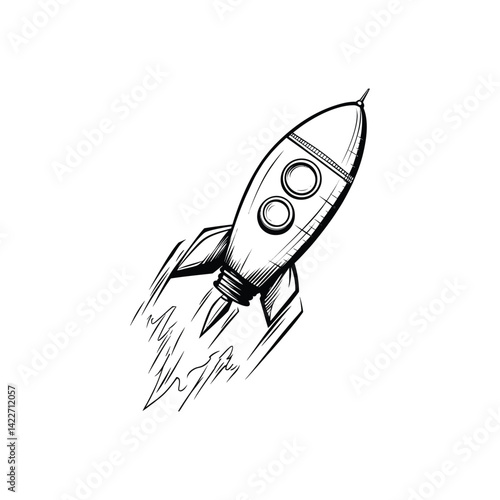 Rocket Flying with Smoke Trail, Line Art Style on Transparent Background Design