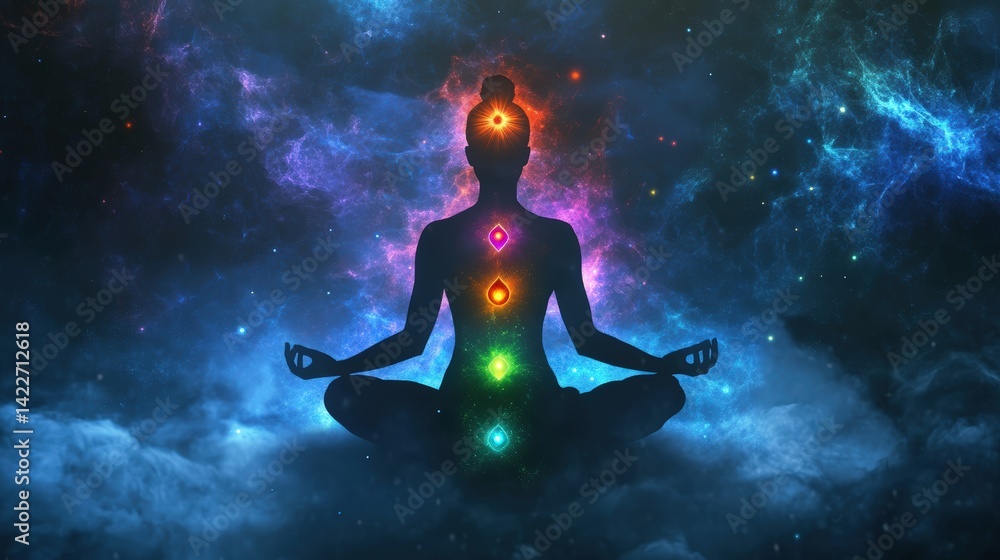 A luminous figure seated in deep meditation with chakras aligned in a spiritual space, radiating energy and surrounded by soft mist to evoke healing, peace, balance, and divine connection. A luminous figure seated in deep meditation with chakras aligned in a spiritual space, radiating energy and surrounded by soft mist to evoke healing, peace, balance, and divine connection.