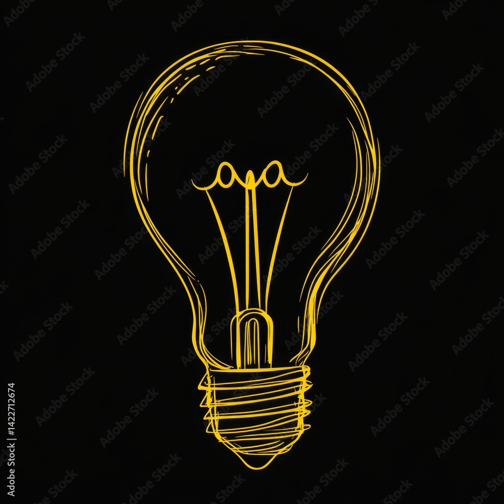 Turned on Lightbulb. Yellow continuous one line drawing of electric light bulb. Concept of idea emergence. Vector illustration