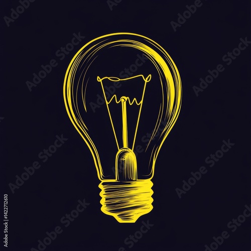 Turned on Lightbulb. Yellow continuous one line drawing of electric light bulb. Concept of idea emergence. Vector illustration