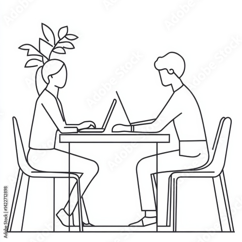 Obraz na płótnie Two office workers at work using laptop continuous one line drawing. w salonie